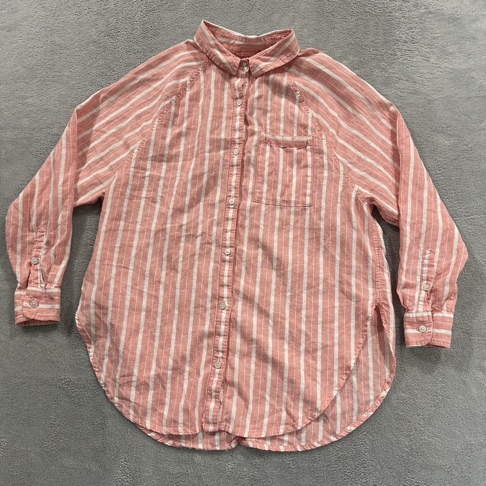 Aerie Shirt Women's 2XS Linen Blend Button Down Cover Up Striped Pocket Pink